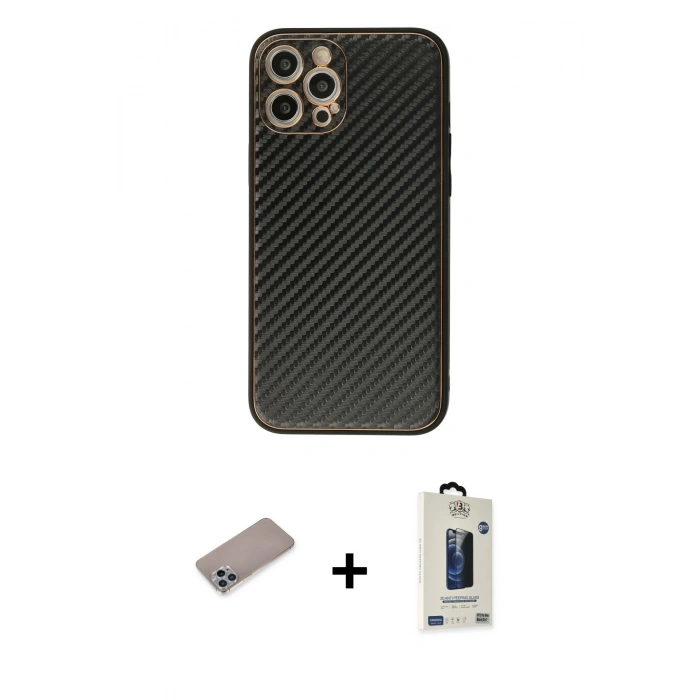 MARSİLYAN™- iPhone 12 Pro Max Kılıf Ahenk Işık - Siyah Bilvis Hayalet Cam Ekran Koruyucu + Shine Kamera Lens Koruma Cam - SABE