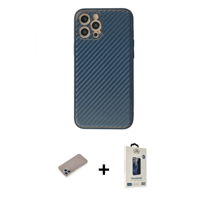 MARSİLYAN™- iPhone 12 Pro Max Kılıf Ahenk Işık - Siyah Bilvis Hayalet Cam Ekran Koruyucu + Shine Kamera Lens Koruma Cam - SABE