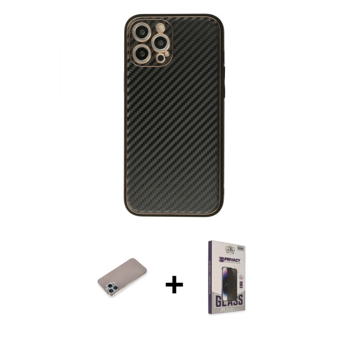 MARSİLYAN™- iPhone 12 Pro Max Kılıf Ahenk Işık - Siyah Bilvis Hayalet Cam Ekran Koruyucu + Shine Kamera Lens Koruma Cam - SABE