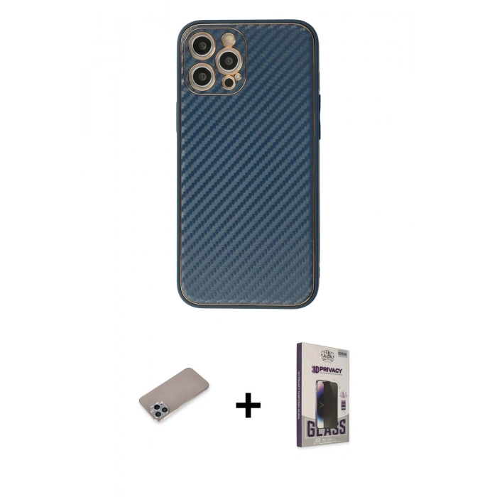 MARSİLYAN™- iPhone 12 Pro Max Kılıf Ahenk Işık - Siyah Bilvis Hayalet Cam Ekran Koruyucu + Shine Kamera Lens Koruma Cam - SABE