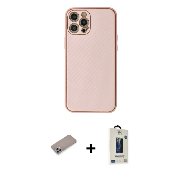 MARSİLYAN™- iPhone 12 Pro Max Kılıf Ahenk Işık - Siyah Bilvis Hayalet Cam Ekran Koruyucu + Shine Kamera Lens Koruma Cam - SABE