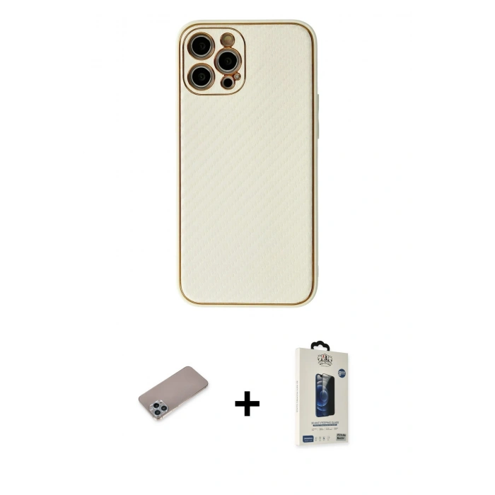 MARSİLYAN™- iPhone 12 Pro Max Kılıf Ahenk Işık - Siyah Bilvis Hayalet Cam Ekran Koruyucu + Shine Kamera Lens Koruma Cam - SABE