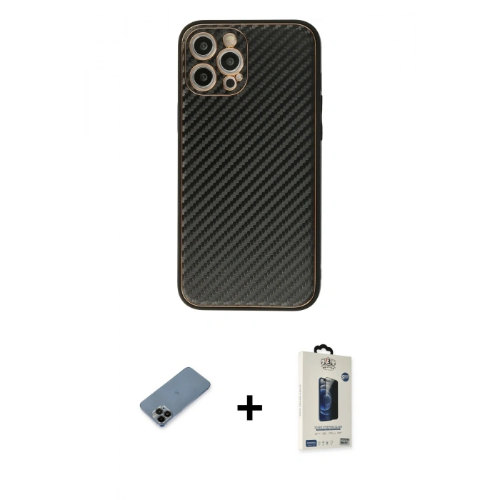 MARSİLYAN™- iPhone 12 Pro Max Kılıf Ahenk Işık - Siyah Bilvis Hayalet Cam Ekran Koruyucu + Shine Kamera Lens Koruma Cam - SH