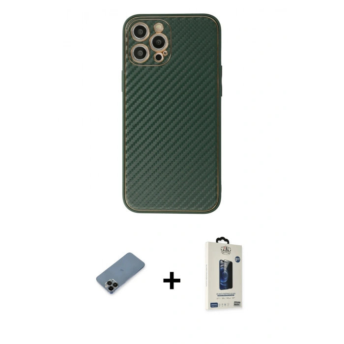 MARSİLYAN™- iPhone 12 Pro Max Kılıf Ahenk Işık - Siyah Bilvis Hayalet Cam Ekran Koruyucu + Shine Kamera Lens Koruma Cam - SH