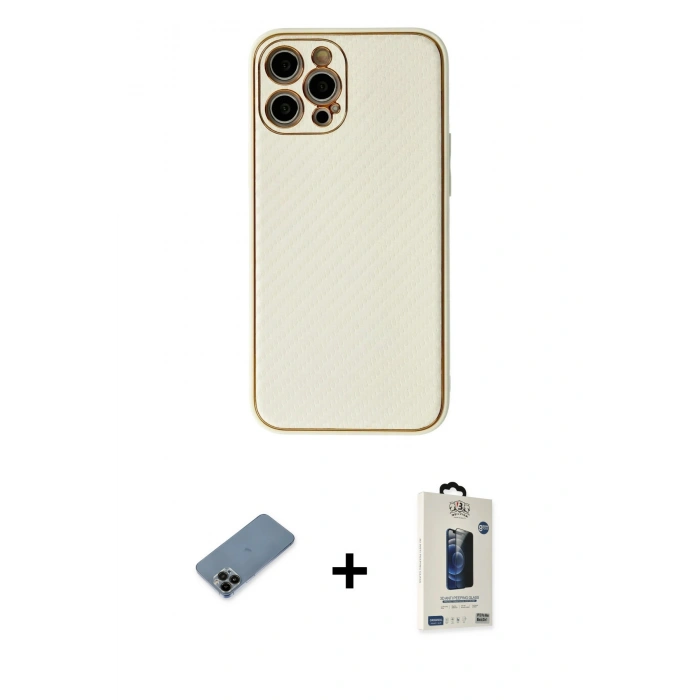 MARSİLYAN™- iPhone 12 Pro Max Kılıf Ahenk Işık - Siyah Bilvis Hayalet Cam Ekran Koruyucu + Shine Kamera Lens Koruma Cam - SH