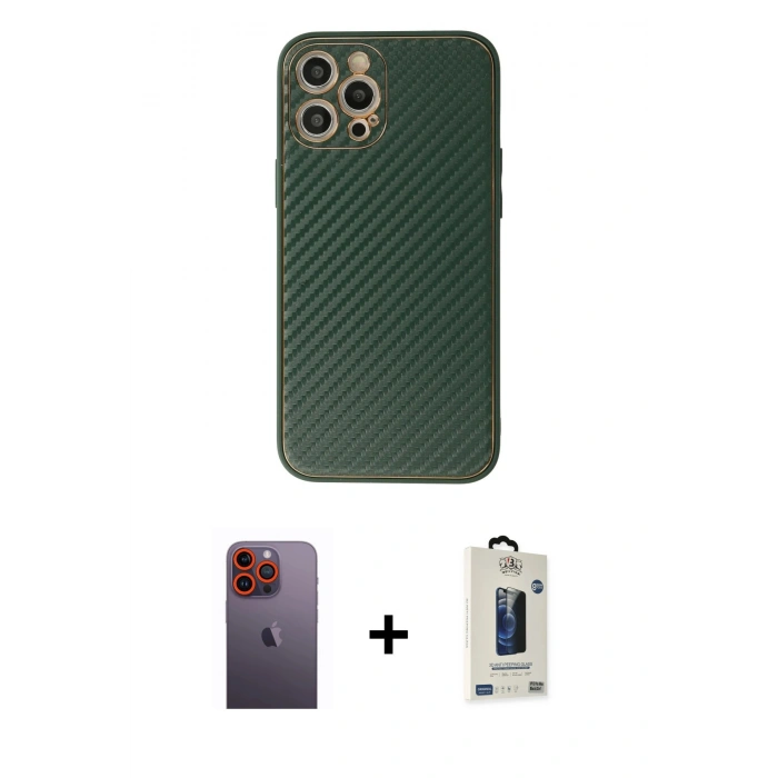 MARSİLYAN™- iPhone 12 Pro Max Kılıf Ahenk Işık - Siyah Bilvis Hayalet Cam Ekran Koruyucu + Neon Fosforlu Kamera Lens - TU