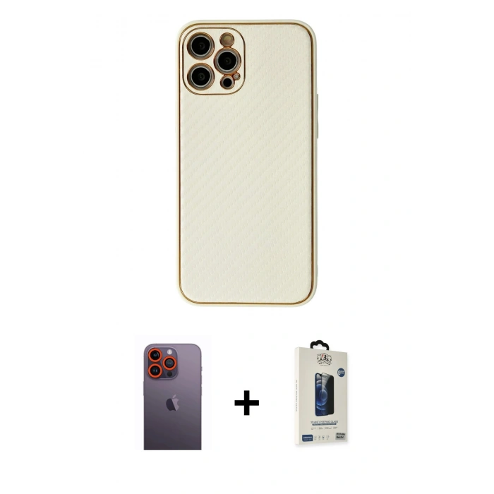 MARSİLYAN™- iPhone 12 Pro Max Kılıf Ahenk Işık - Siyah Bilvis Hayalet Cam Ekran Koruyucu + Neon Fosforlu Kamera Lens - TU