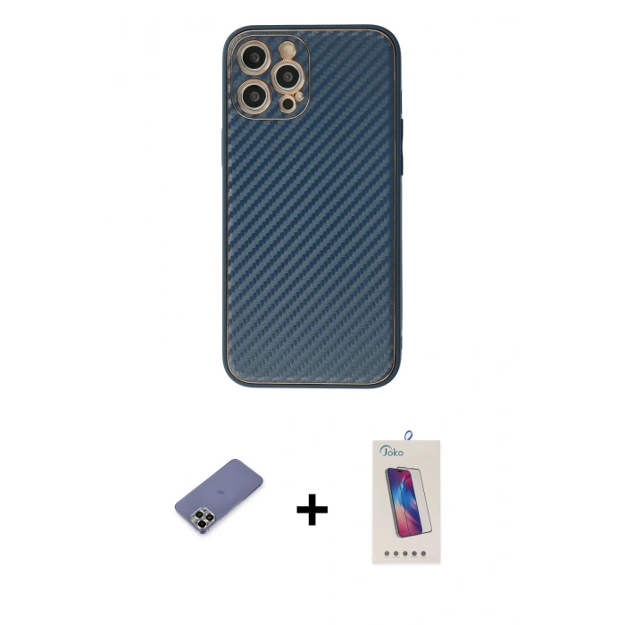 MARSİLYAN™- iPhone 12 Pro Max Kılıf Ahenk Işık - Siyah Joko 5D Cam + Gold Metal Kamera Lens Koruma Cam