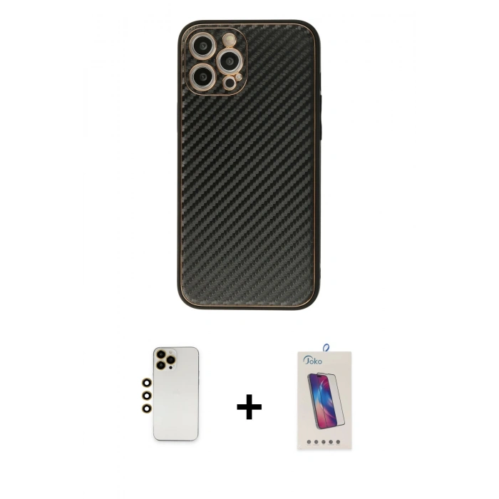 MARSİLYAN™- iPhone 12 Pro Max Kılıf Ahenk Işık - Siyah Joko 5D Cam + Shine Kamera Lens - GD