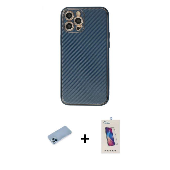 MARSİLYAN™- iPhone 12 Pro Max Kılıf Ahenk Işık - Siyah Joko 5D Cam + Mavi Shine Kamera Lens Koruma Cam
