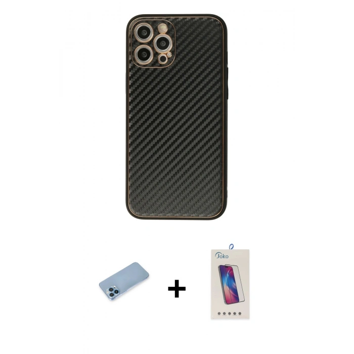 MARSİLYAN™- iPhone 12 Pro Max Kılıf Ahenk Işık - Siyah Joko 5D Cam + Mavi Shine Kamera Lens Koruma Cam