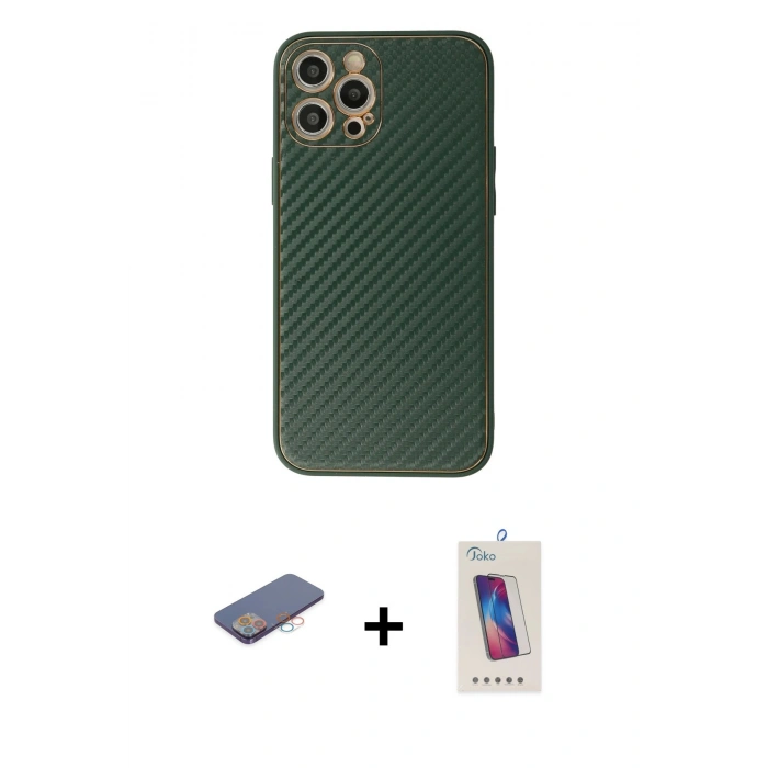 MARSİLYAN™- iPhone 12 Pro Max Kılıf Ahenk Işık - Siyah Joko 5D Cam + Renkli Kamera Lens Koruma Cam - PE