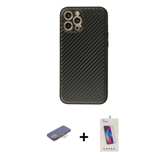 MARSİLYAN™- iPhone 12 Pro Max Kılıf Ahenk Işık - Siyah Joko 5D Cam + Renkli Kamera Lens Koruma Cam - TU