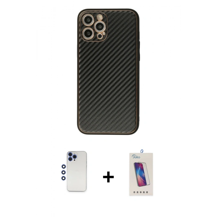 MARSİLYAN™- iPhone 12 Pro Max Kılıf Ahenk Işık - Siyah Joko 5D Cam + Shine Kamera Lens - LT