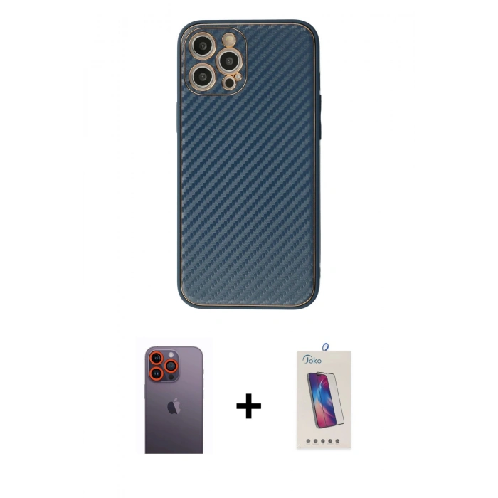 MARSİLYAN™- iPhone 12 Pro Max Kılıf Ahenk Işık - Siyah Joko 5D Cam + Neon Fosforlu Kamera Lens - TU
