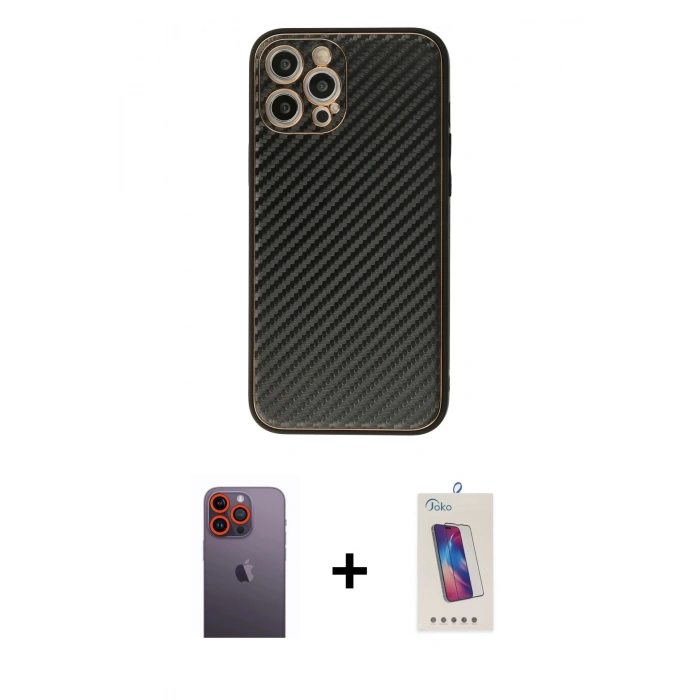 MARSİLYAN™- iPhone 12 Pro Max Kılıf Ahenk Işık - Siyah Joko 5D Cam + Neon Fosforlu Kamera Lens - TU
