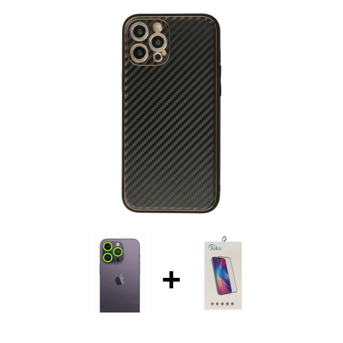 MARSİLYAN™- iPhone 12 Pro Max Kılıf Ahenk Işık - Siyah Joko 5D Cam + Yeşil Neon Fosforlu Kamera Lens