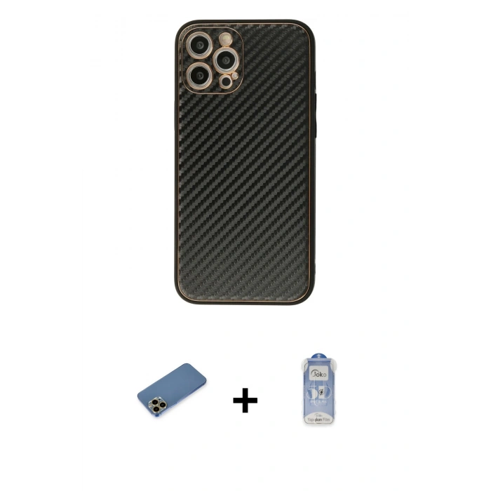 MARSİLYAN™- iPhone 12 Pro Max Kılıf Ahenk Işık - Siyah Joko Magic 5D Cam + Gold Shine Kamera Lens Koruma Cam