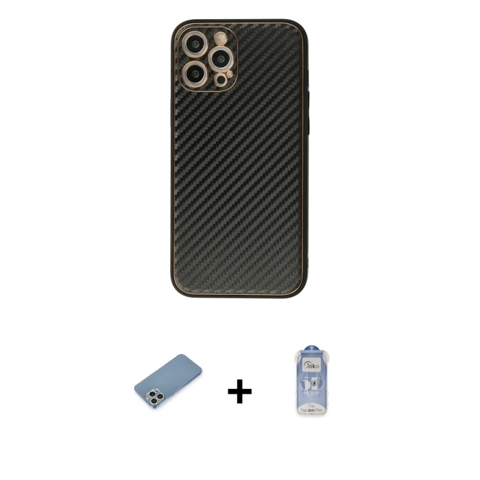 MARSİLYAN™- iPhone 12 Pro Max Kılıf Ahenk Işık - Siyah Joko Magic 5D Cam + Gümüş Shine Kamera Lens Koruma Cam