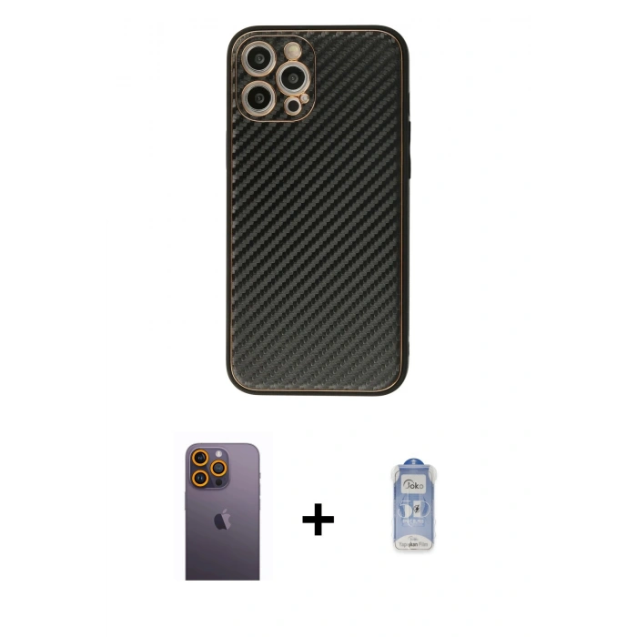 MARSİLYAN™- iPhone 12 Pro Max Kılıf Ahenk Işık - Siyah Joko Magic 5D Cam + Neon Fosforlu Kamera Lens - SI