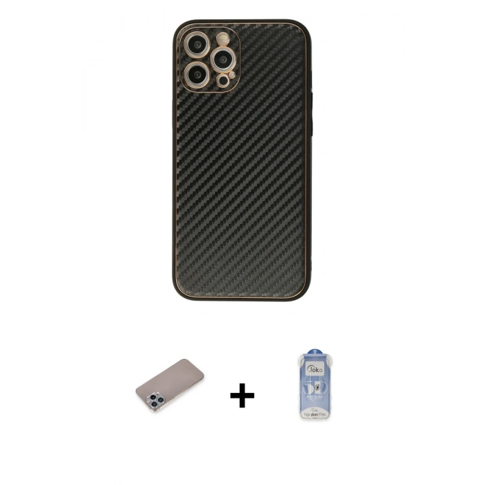 MARSİLYAN™- iPhone 12 Pro Max Kılıf Ahenk Işık - Siyah Joko Magic 5D Cam + Sierra Blue Shine Kamera Lens Koruma Cam