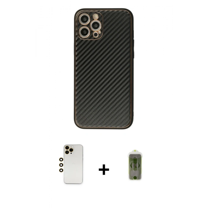 MARSİLYAN™- iPhone 12 Pro Max Kılıf Ahenk Işık - Siyah Joko Magic 5D Hayalet Cam + Gold Shine Kamera Lens