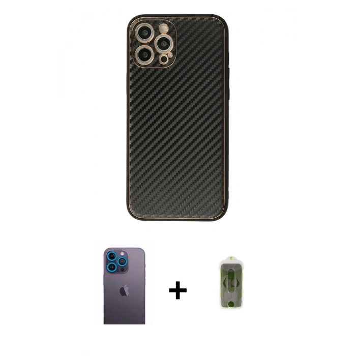 MARSİLYAN™- iPhone 12 Pro Max Kılıf Ahenk Işık - Siyah Joko Magic 5D Hayalet Cam + Neon Fosforlu Kamera Lens - MI