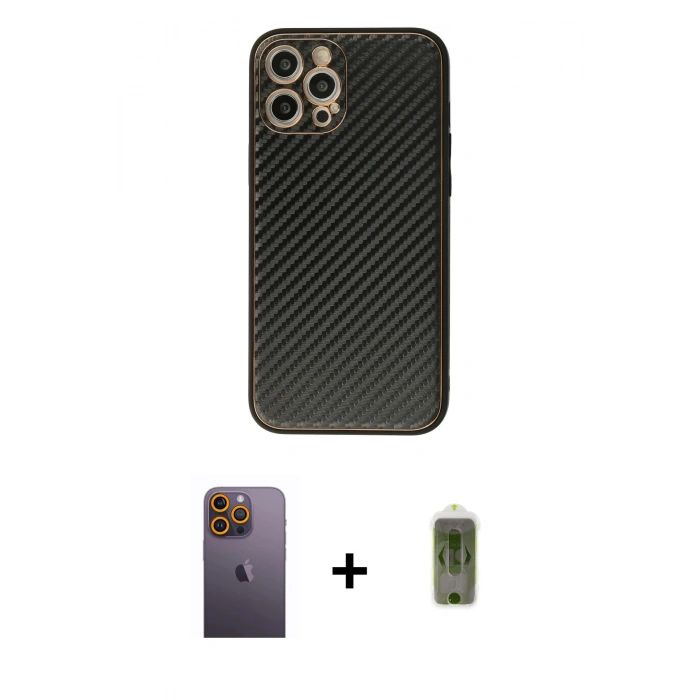 MARSİLYAN™- iPhone 12 Pro Max Kılıf Ahenk Işık - Siyah Joko Magic 5D Hayalet Cam + Neon Fosforlu Kamera Lens - SI