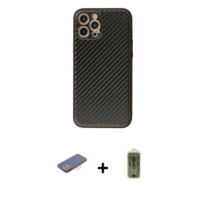 MARSİLYAN™- iPhone 12 Pro Max Kılıf Ahenk Işık - Siyah Joko Magic 5D Hayalet Cam + Renkli Kamera Lens Koruma Cam - PE