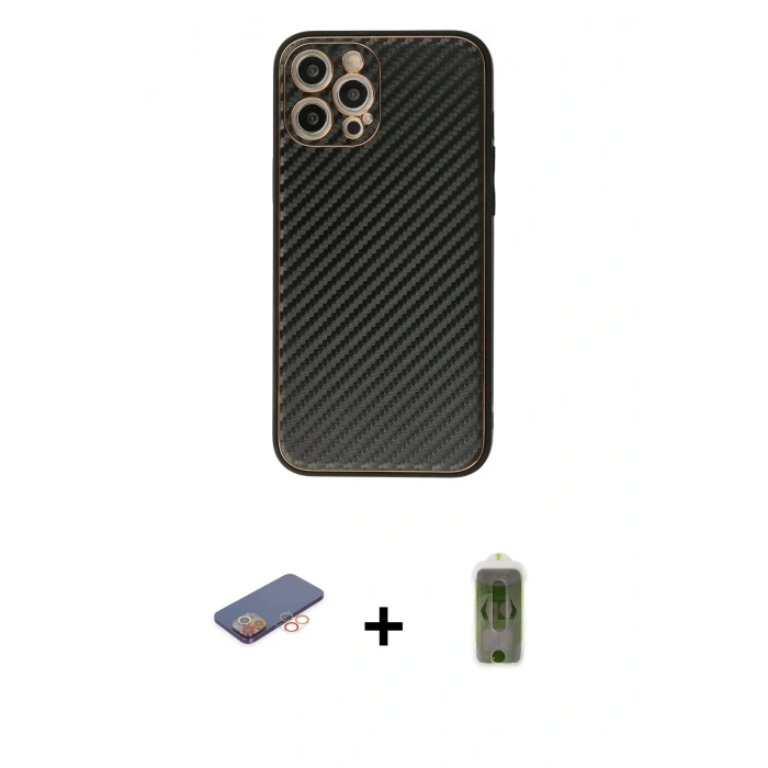 MARSİLYAN™- iPhone 12 Pro Max Kılıf Ahenk Işık - Siyah Joko Magic 5D Hayalet Cam + Renkli Kamera Lens Koruma Cam - TU
