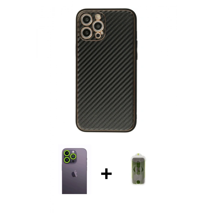 MARSİLYAN™- iPhone 12 Pro Max Kılıf Ahenk Işık - Siyah Joko Magic 5D Hayalet Cam + Neon Fosforlu Kamera Lens - YL