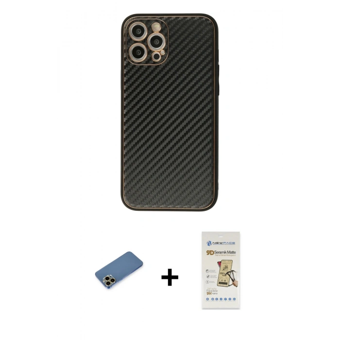 MARSİLYAN™- iPhone 12 Pro Max Kılıf Ahenk Işık - Siyah Mat Seramik Nano Ekran Koruyucu + Shine Kamera Lens Koruma Cam - GD