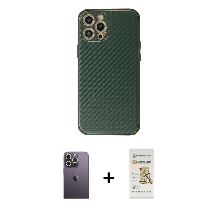 MARSİLYAN™- iPhone 12 Pro Max Kılıf Ahenk Işık - Siyah Mat Seramik Nano Ekran Koruyucu + Neon Fosforlu Kamera Lens - BZ