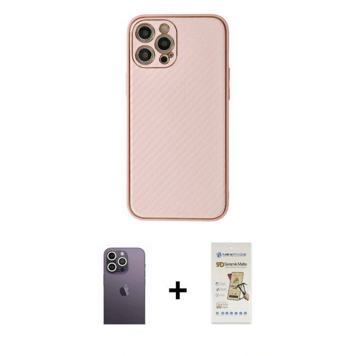 MARSİLYAN™- iPhone 12 Pro Max Kılıf Ahenk Işık - Siyah Mat Seramik Nano Ekran Koruyucu + Neon Fosforlu Kamera Lens - BZ