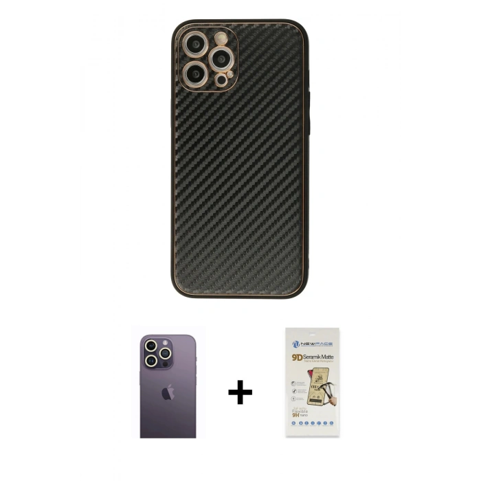 MARSİLYAN™- iPhone 12 Pro Max Kılıf Ahenk Işık - Siyah Mat Seramik Nano Ekran Koruyucu + Neon Fosforlu Kamera Lens - BZ