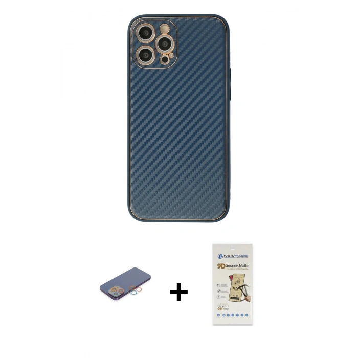 MARSİLYAN™- iPhone 12 Pro Max Kılıf Ahenk Işık - Siyah Mat Seramik Nano Ekran Koruyucu + Renkli Kamera Lens Koruma Cam - PE