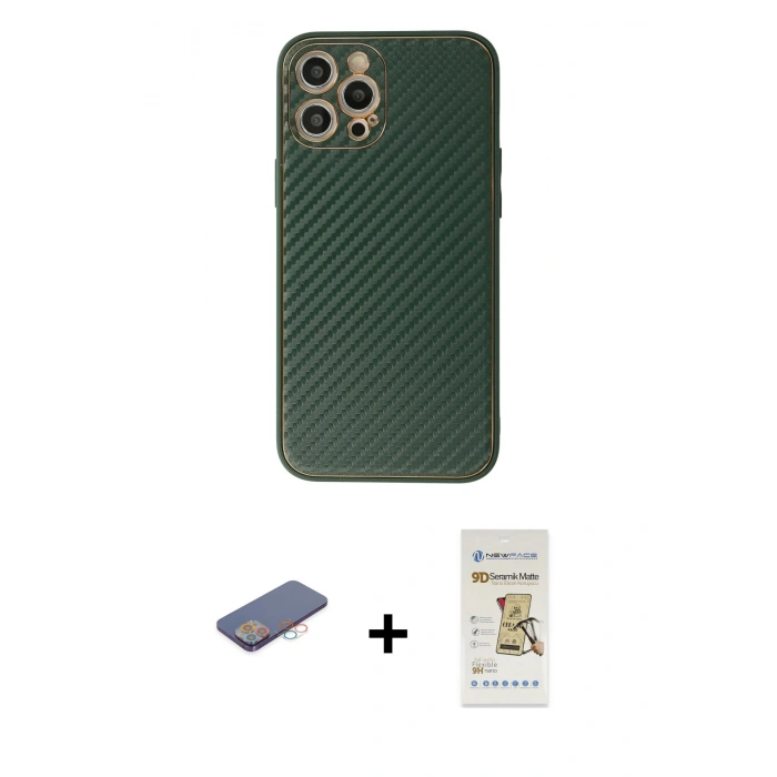 MARSİLYAN™- iPhone 12 Pro Max Kılıf Ahenk Işık - Siyah Mat Seramik Nano Ekran Koruyucu + Renkli Kamera Lens Koruma Cam - PE
