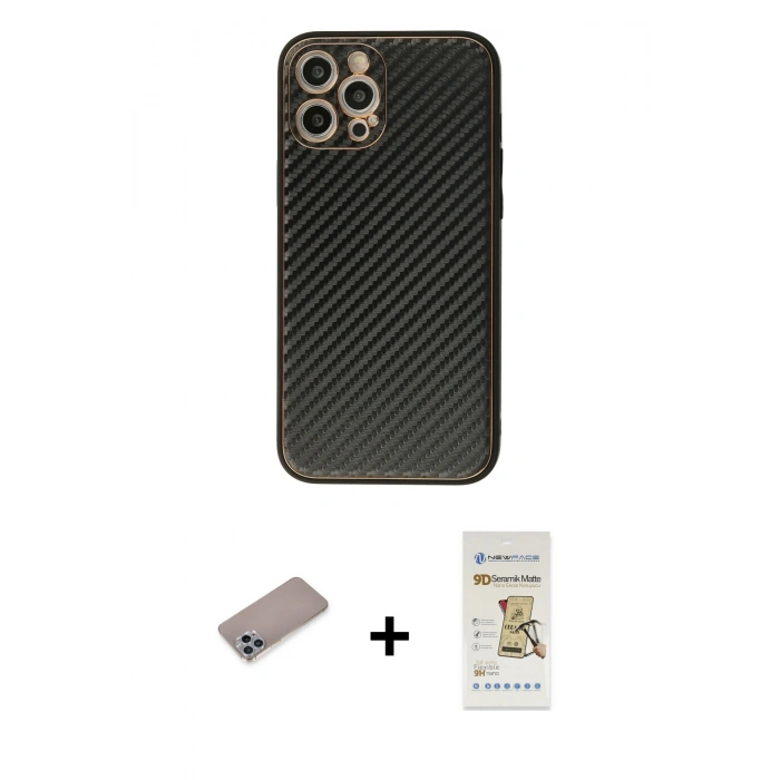 MARSİLYAN™- iPhone 12 Pro Max Kılıf Ahenk Işık - Siyah Mat Seramik Nano Ekran Koruyucu + Shine Kamera Lens Koruma Cam - SABE