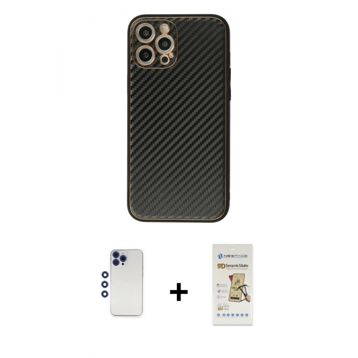 MARSİLYAN™- iPhone 12 Pro Max Kılıf Ahenk Işık - Siyah Mat Seramik Nano Ekran Koruyucu + Shine Kamera Lens - LT
