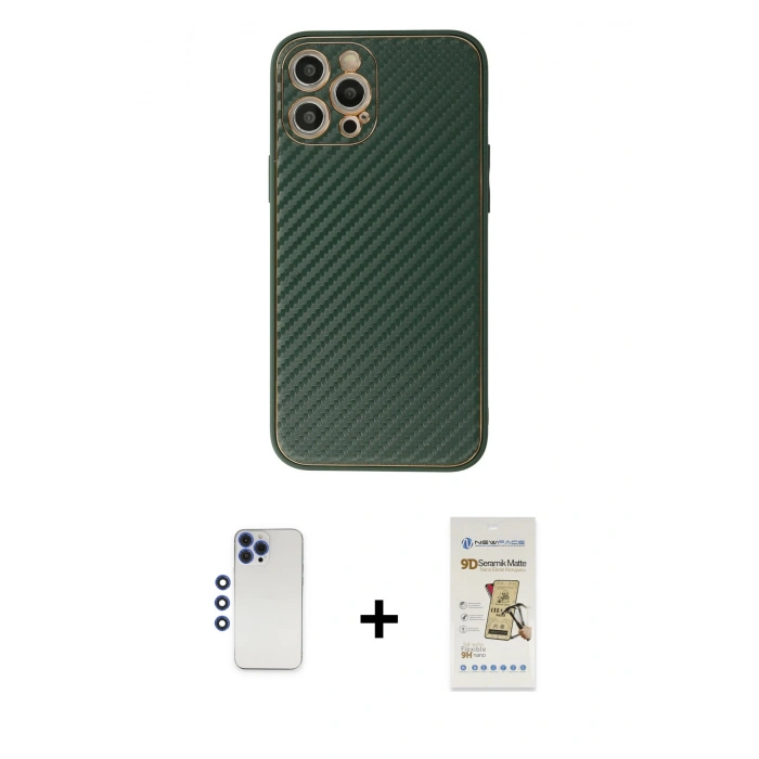 MARSİLYAN™- iPhone 12 Pro Max Kılıf Ahenk Işık - Siyah Mat Seramik Nano Ekran Koruyucu + Shine Kamera Lens - LT