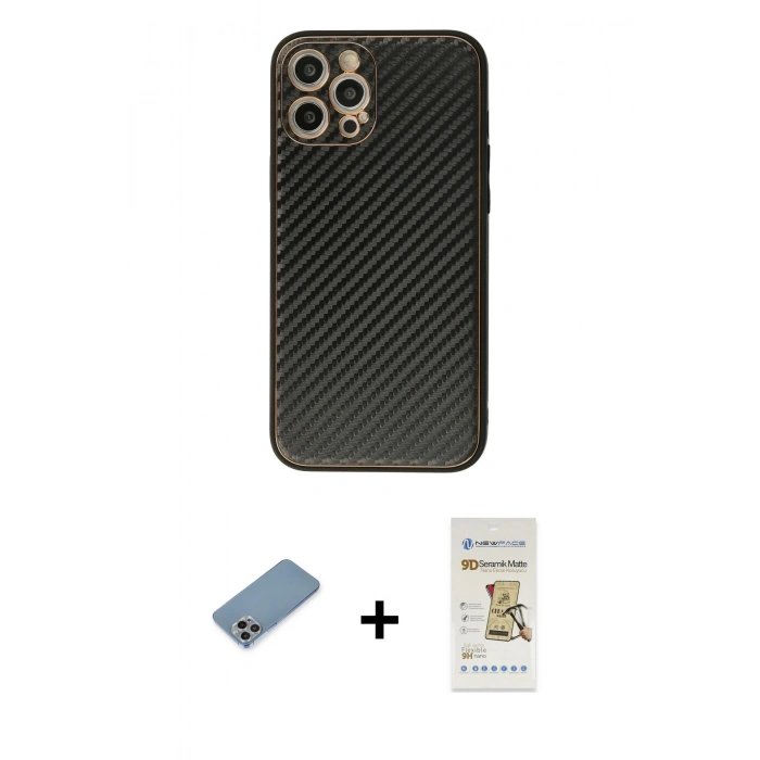 MARSİLYAN™- iPhone 12 Pro Max Kılıf Ahenk Işık - Siyah Mat Seramik Nano Ekran Koruyucu + Shine Kamera Lens Koruma Cam - GI