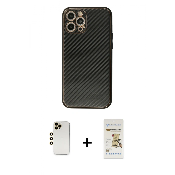 MARSİLYAN™- iPhone 12 Pro Max Kılıf Ahenk Işık - Siyah Mat Seramik Nano Ekran Koruyucu + Shine Kamera Lens - GD