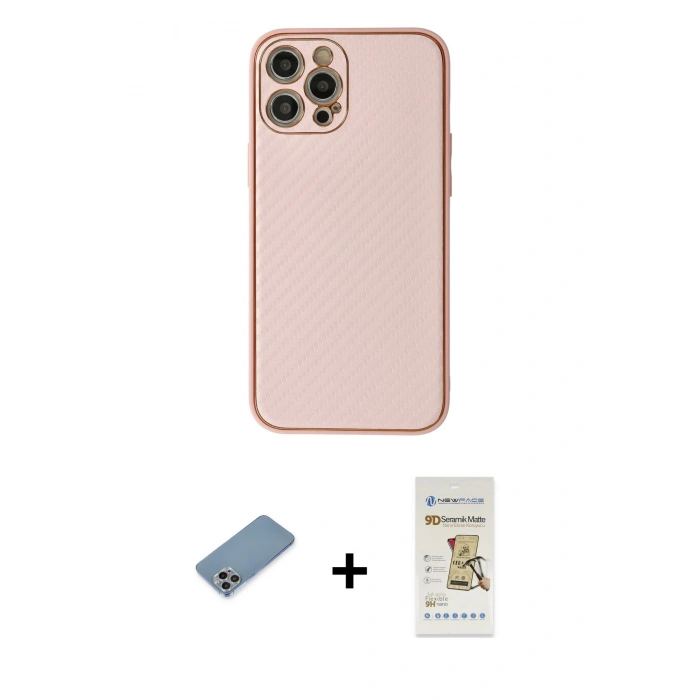 MARSİLYAN™- iPhone 12 Pro Max Kılıf Ahenk Işık - Siyah Mat Seramik Nano Ekran Koruyucu + Shine Kamera Lens Koruma Cam - GI