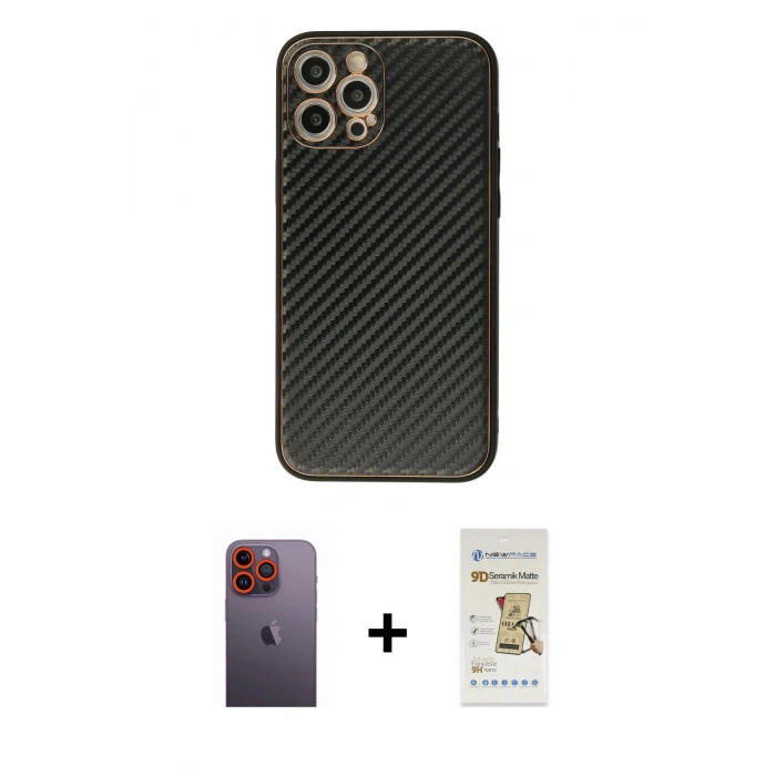 MARSİLYAN™- iPhone 12 Pro Max Kılıf Ahenk Işık - Siyah Mat Seramik Nano Ekran Koruyucu + Neon Fosforlu Kamera Lens - TU