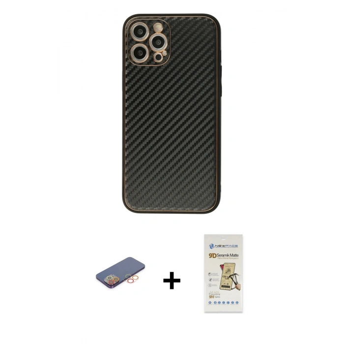 MARSİLYAN™- iPhone 12 Pro Max Kılıf Ahenk Işık - Siyah Mat Seramik Nano Ekran Koruyucu + Renkli Kamera Lens Koruma Cam - TU