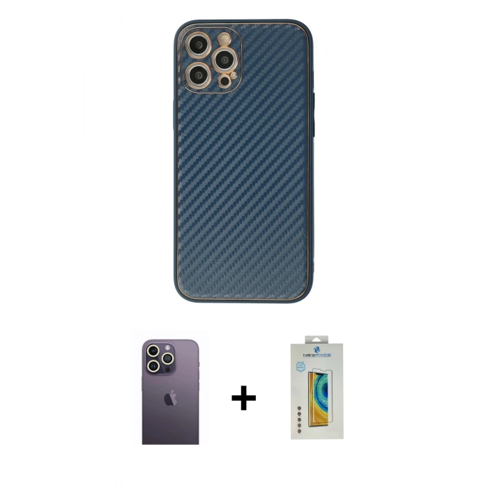 MARSİLYAN™- iPhone 12 Pro Max Kılıf Ahenk Işık - Siyah Polymer Nano Ekran Koruyucu + Beyaz Neon Fosforlu Kamera Lens