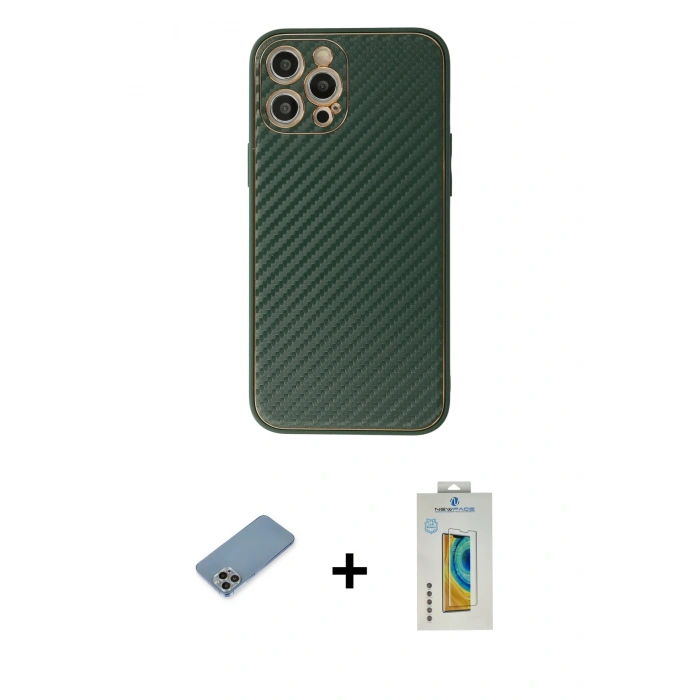 MARSİLYAN™- iPhone 12 Pro Max Kılıf Ahenk Işık - Siyah Polymer Nano Ekran Koruyucu + Shine Kamera Lens Koruma Cam - GI