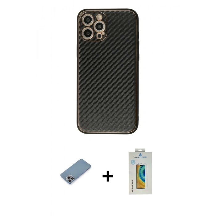 MARSİLYAN™- iPhone 12 Pro Max Kılıf Ahenk Işık - Siyah Polymer Nano Ekran Koruyucu + Shine Kamera Lens Koruma Cam - GI