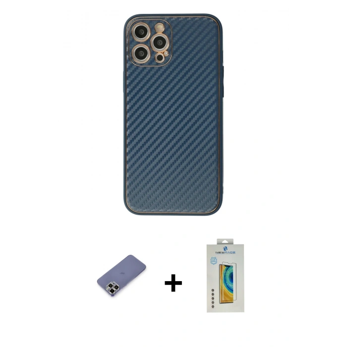 MARSİLYAN™- iPhone 12 Pro Max Kılıf Ahenk Işık - Siyah Polymer Nano Ekran Koruyucu + Gold Metal Kamera Lens Koruma Cam