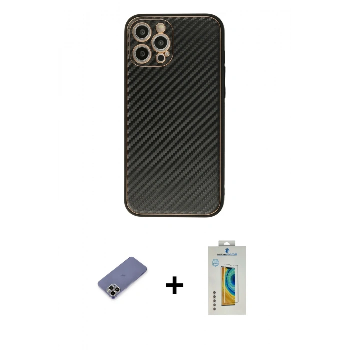 MARSİLYAN™- iPhone 12 Pro Max Kılıf Ahenk Işık - Siyah Polymer Nano Ekran Koruyucu + Gold Metal Kamera Lens Koruma Cam